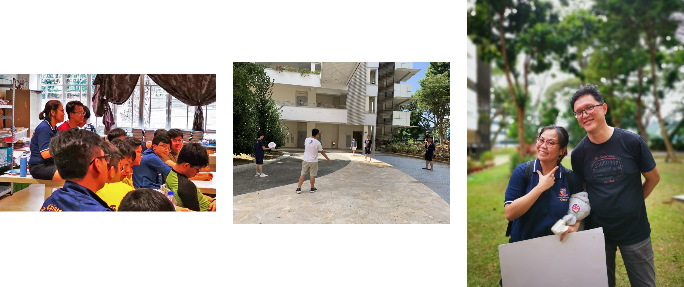 Three scenes: students at a table, people playing frisbee outdoors, and two adults smiling in a park.